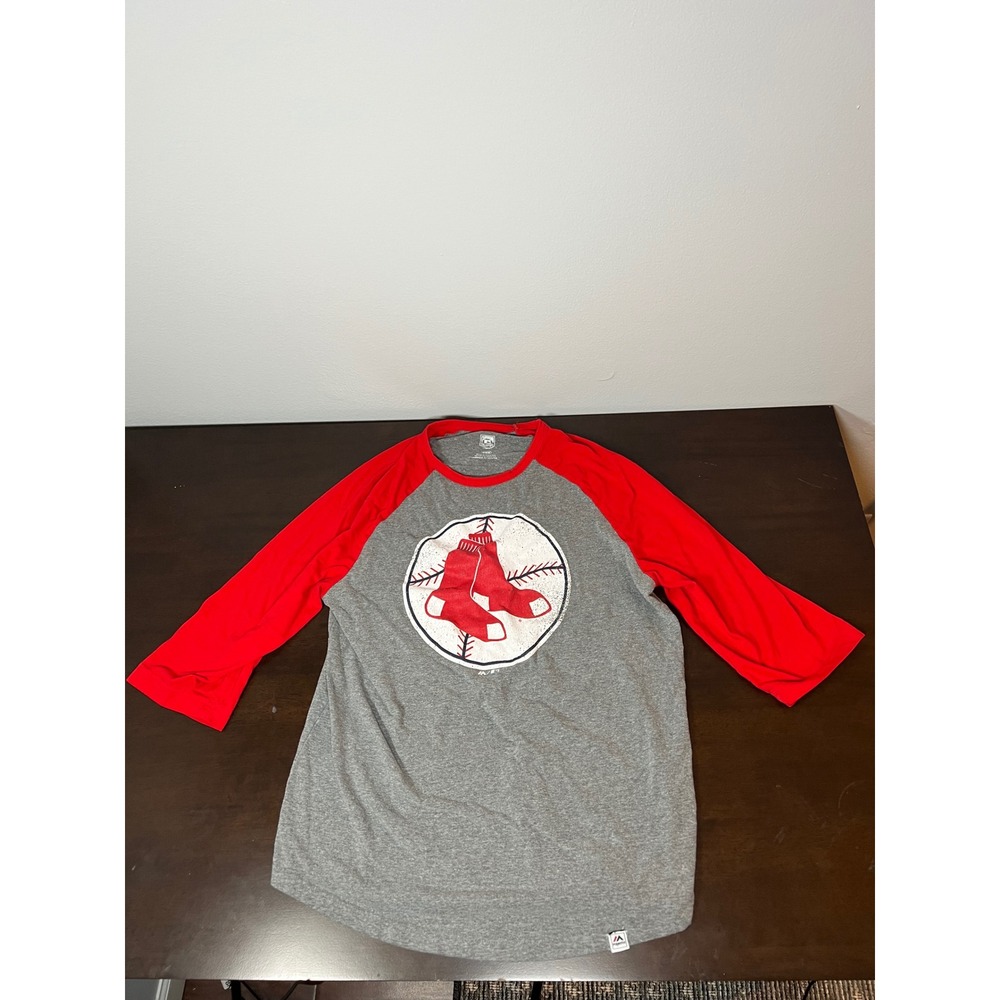 Majestic Boston Red Sox Cooperstown Collection Grey Red Raglan Baseball Shirt M